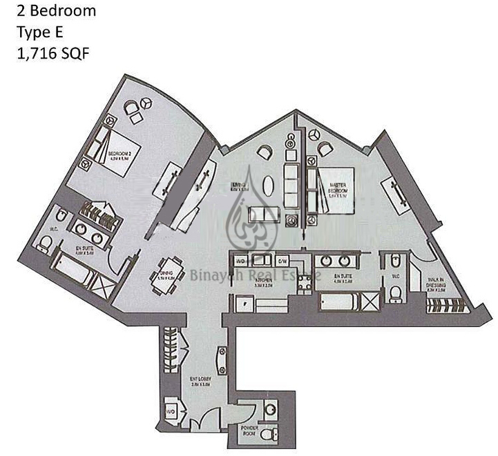 Downtown Dubai Apartments Properties For Binayah Burj Khalifa Downtown Dubai 2 Bedroom Apartment Floor Plans Ty 1716sqft