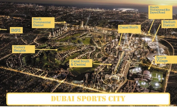 Sheikh Mohammad Bin Zayed Road. North Commercial District. Stadium District. Canal North. IMPZ. Victory Heights. Sports Village. Canal South & Central. Dubai Sports City.