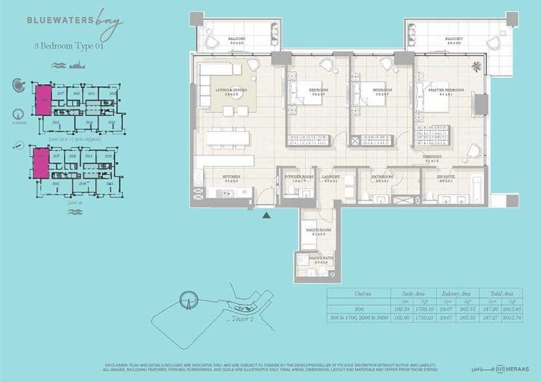 Bluewaters Bay 3 Bedroom Apartment Type 01 Floor Plan