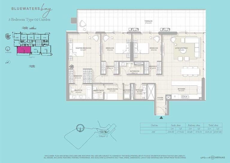 Bluewaters Bay 3 Bedroom Apartment Type 02 Garden Floor Plan