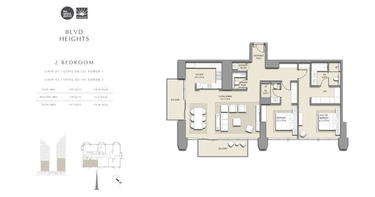BLVD Heights 2 Bedroom Apartment Tower 1 & 2 Unit 1 Floor Plans