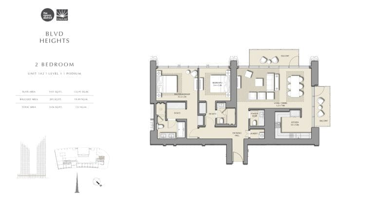BLVD Heights 2 Bedroom Apartment Unit 102 Podium Floor Plans