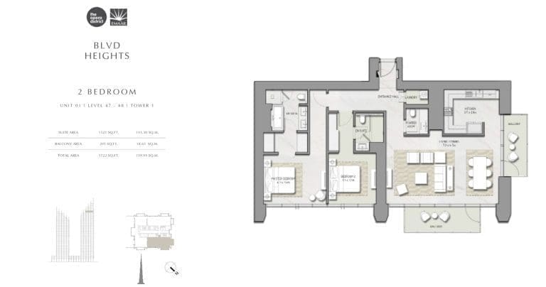 BLVD Heights 2 Bedroom Apartment Tower 1 Unit 1 Floor Plans