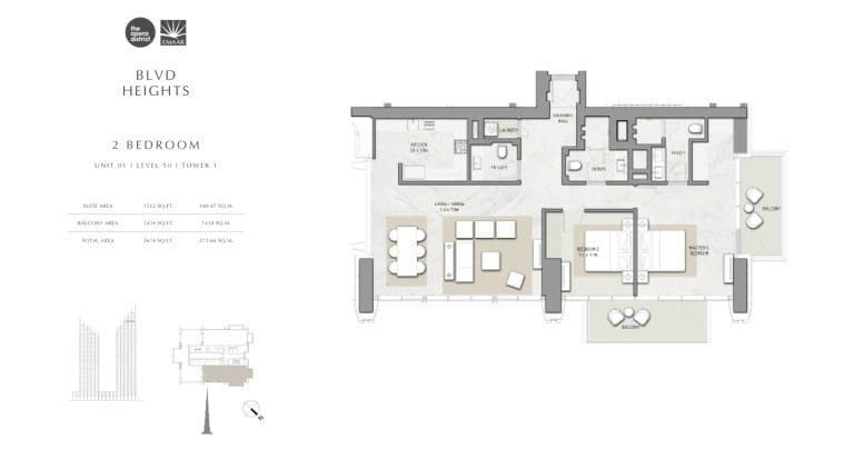 BLVD Heights 2 Bedroom Apartment Tower 1 Unit 1-1 Floor Plans
