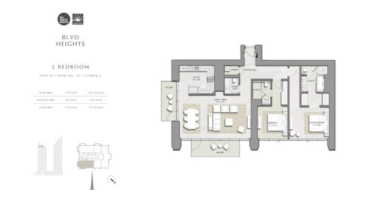 BLVD Heights 2 Bedroom Apartment Tower 2 Unit 1 Floor Plans