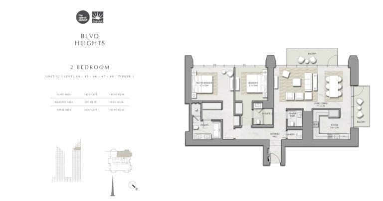 BLVD Heights 2 Bedroom Apartment Tower 1 Unit 2 Floor Plans
