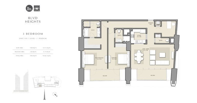 BLVD Heights 3 Bedroom Apartment Unit 109 Podium Floor Plans