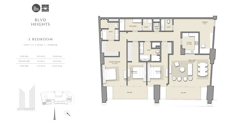 BLVD Heights 3 Bedroom Apartment Unit 111 Podium Floor Plans