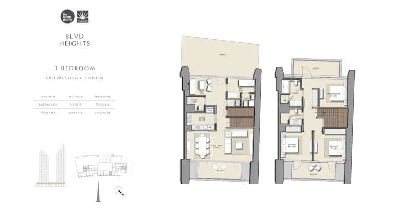 BLVD Heights 3 Bedroom Apartment Unit 208 Podium Floor Plans