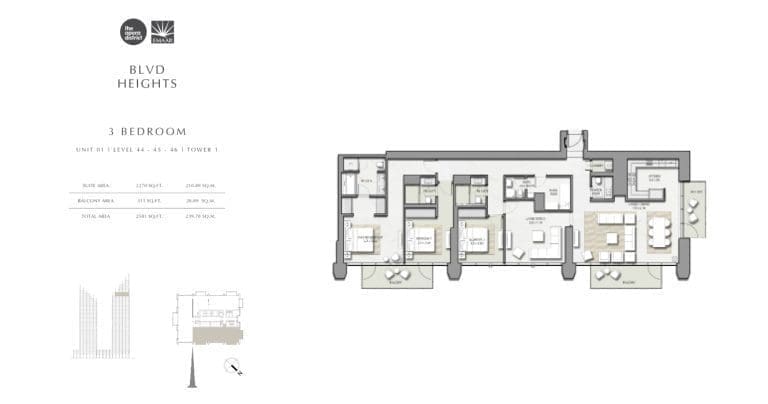 BLVD Heights 3 Bedroom Apartment Tower 1 Unit 1 Floor Plans