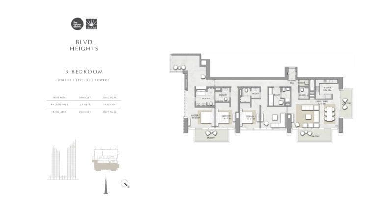 BLVD Heights 3 Bedroom Apartment Tower 1 Unit 1-1 Floor Plans