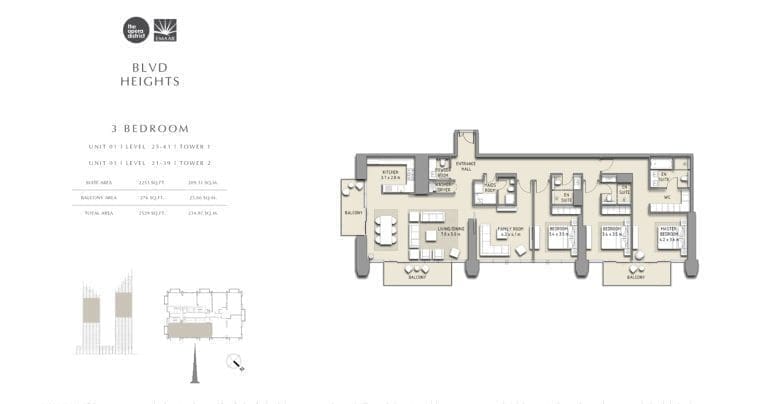 BLVD Heights 3 Bedroom Apartment Tower 1 & 2 Unit 1 Floor Plans