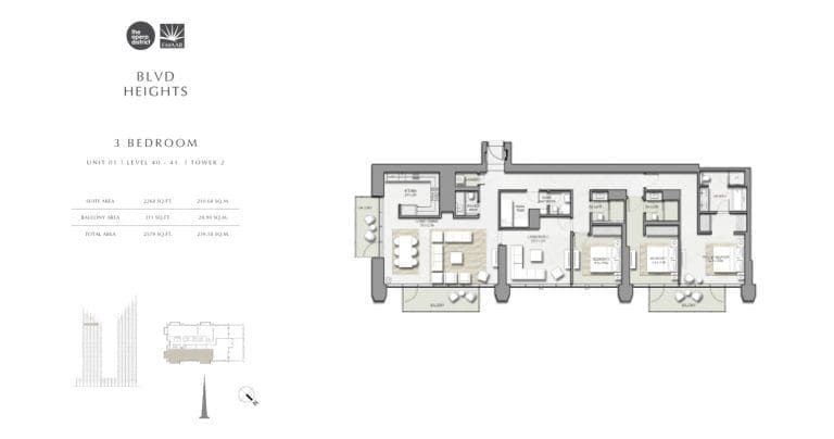 BLVD Heights 3 Bedroom Apartment Tower 2 Unit 1 Floor Plans