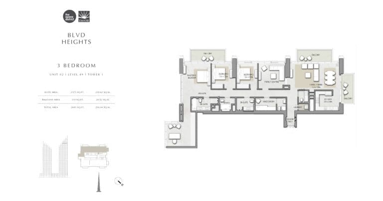 BLVD Heights 3 Bedroom Apartment Tower 1 Unit 2 Floor Plans