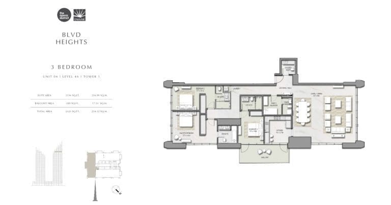 BLVD Heights 3 Bedroom Apartment Tower 1 Unit 4 Floor Plans