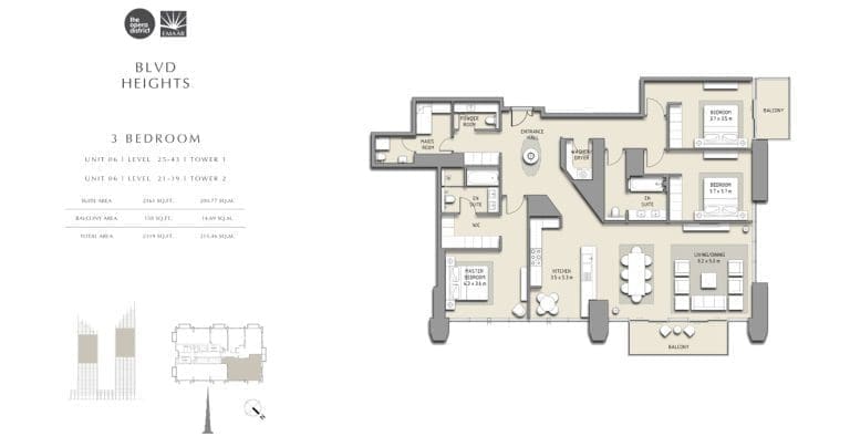 BLVD Heights 3 Bedroom Apartment Tower 1 & 2 Unit 6 Floor Plans
