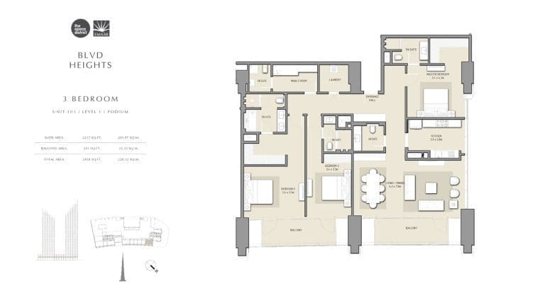 BLVD Heights 3 Bedroom Apartment Unit 103 Podium Floor Plans