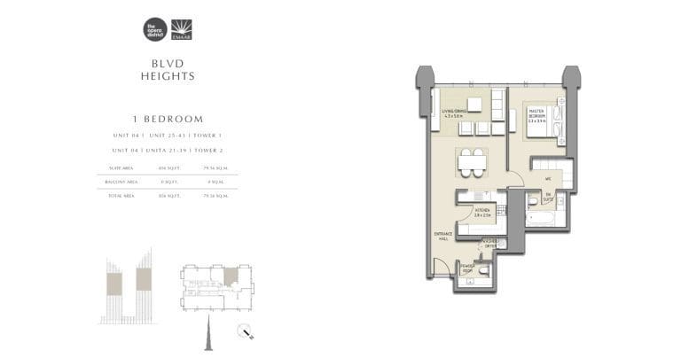 BLVD Heights 1 Bedroom Apartment Tower 1 & 2 Unit 04 – 1 Floor Plans