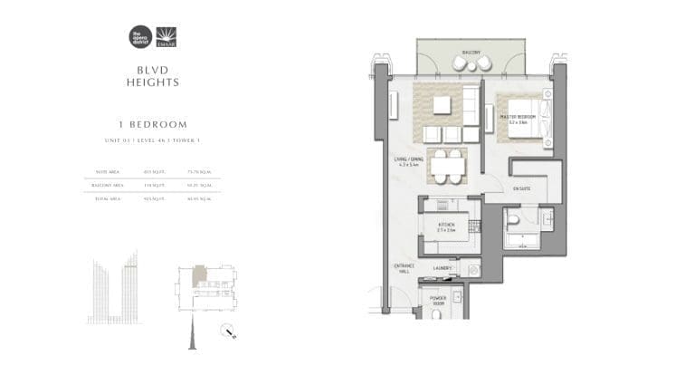 BLVD Heights 1 Bedroom Apartment Tower 1 Unit 03 Floor Plans