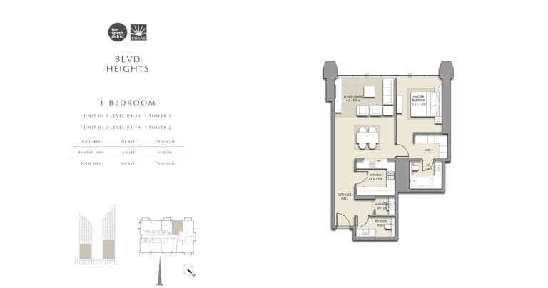 BLVD Heights 1 Bedroom Apartment Tower 1 & 2 Unit 04 Floor Plans