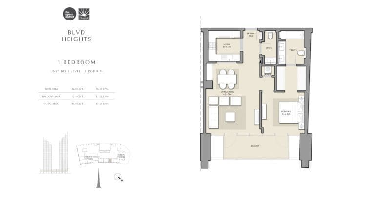 BLVD Heights 1 Bedroom Apartment Unit 105 Podium Floor Plans