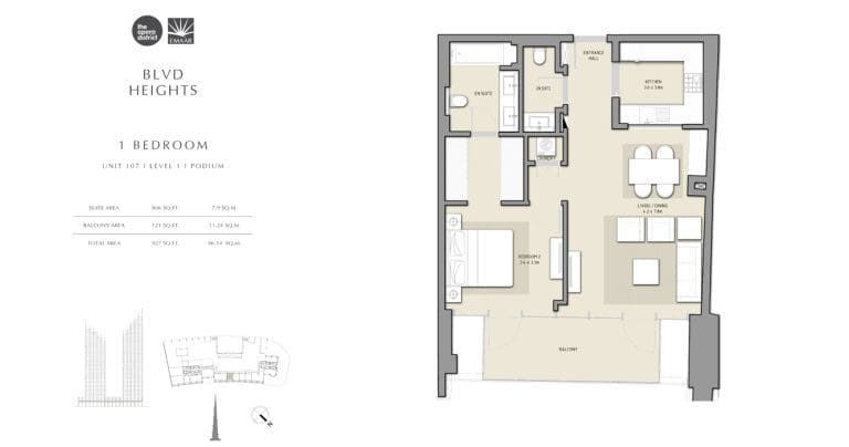 BLVD Heights 1 Bedroom Apartment Unit 107 Podium Floor Plans