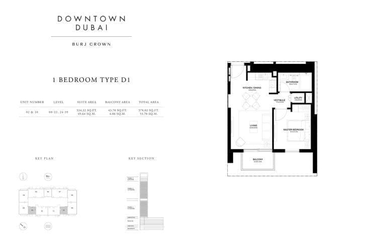 Burj Crown 1 Bedroom Type-D1 Unit-2 Floor Plans