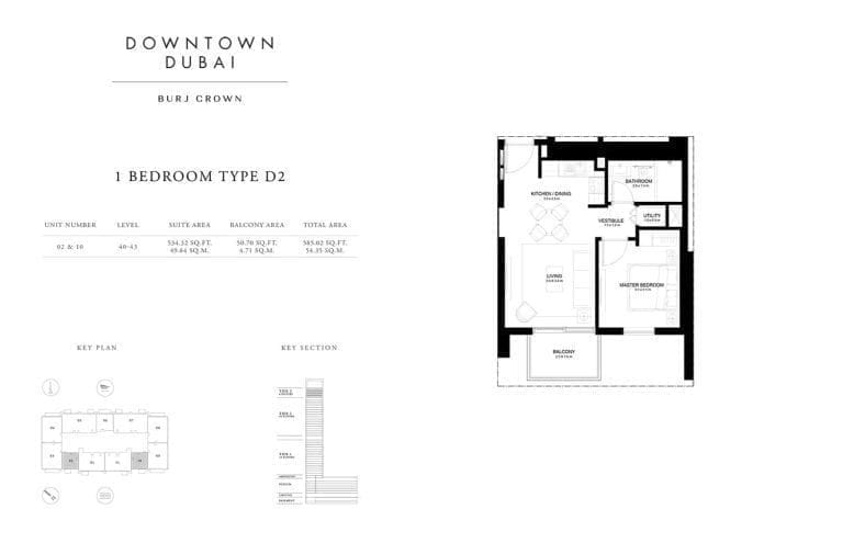 Burj Crown 1 Bedroom Type-D2 Unit-2 Floor Plans
