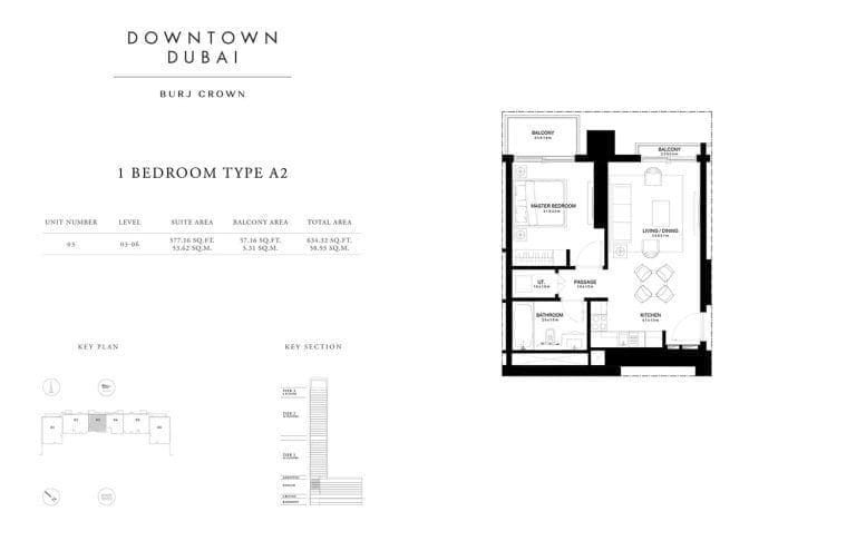 Burj Crown 1 Bedroom Type-A2 Unit-3 Floor Plans