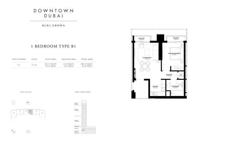 Burj Crown 1 Bedroom Type-B1 Unit-4 Floor Plans