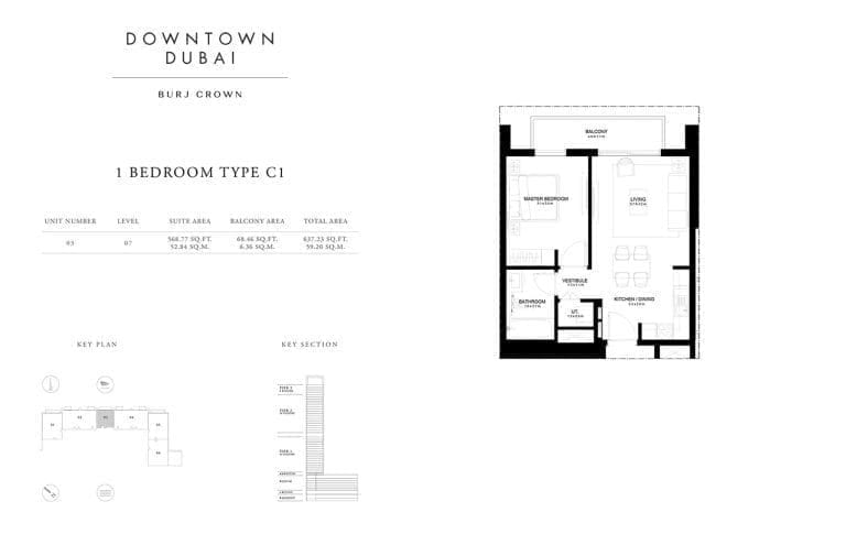 Burj Crown 1 Bedroom Type-C1 Unit-3 Floor Plans