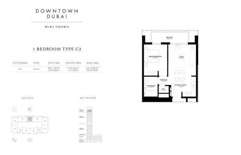 Burj Crown 1 Bedroom Type-C3 Unit-6 Floor Plans