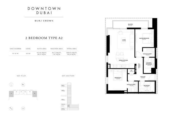 Burj Crown 2 Bedroom Type-A2 Unit-1 Floor Plans