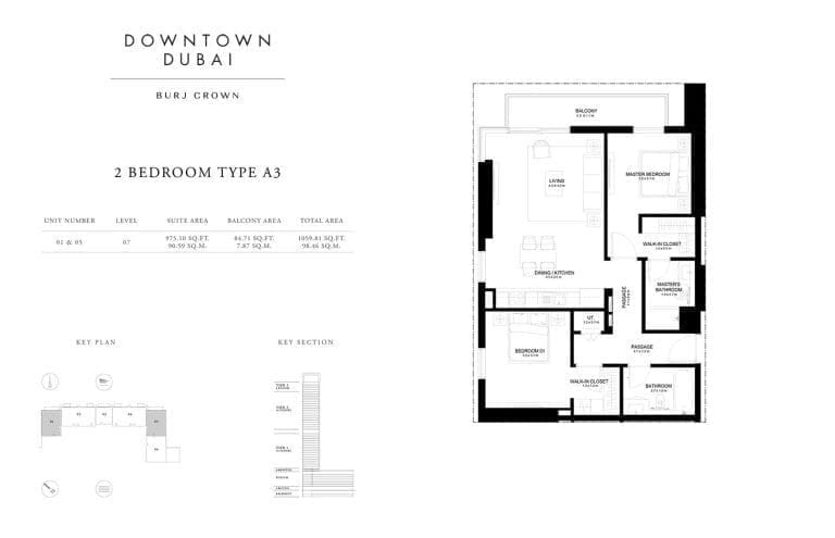 Burj Crown 2 Bedroom Type-A3 Unit-1 Floor Plans