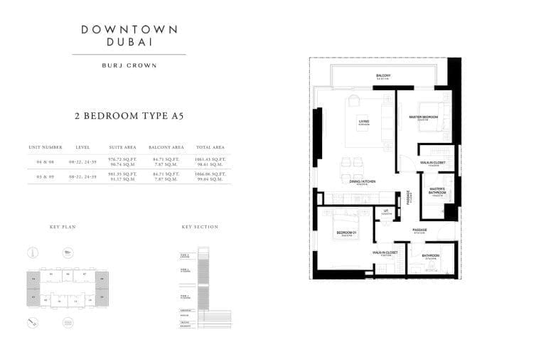 Burj Crown 2 Bedroom Type-A5 Unit-4 Floor Plans