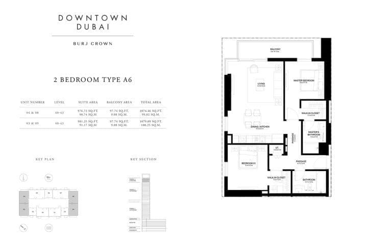Burj Crown 2 Bedroom Type-A6 Unit-4 Floor Plans
