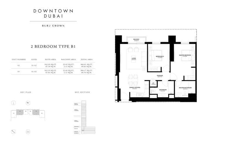 Burj Crown 2 Bedroom Type-B1 Unit-2 Floor Plans