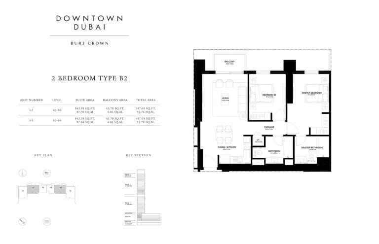 Burj Crown 2 Bedroom Type-B2 Unit-2 Floor Plans