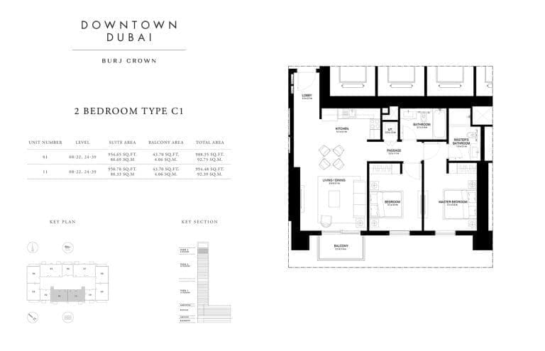 Burj Crown 2 Bedroom Type-C1 Unit-1 Floor Plans