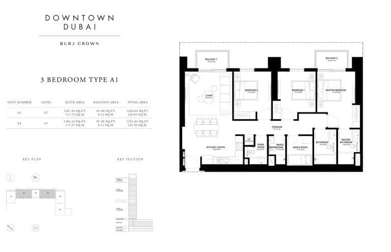 Burj Crown 3 Bedroom Type-A1 Unit-2 Floor Plans