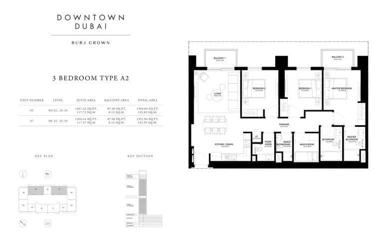 Burj Crown 3 Bedroom Type-A2 Unit-5 Floor Plans