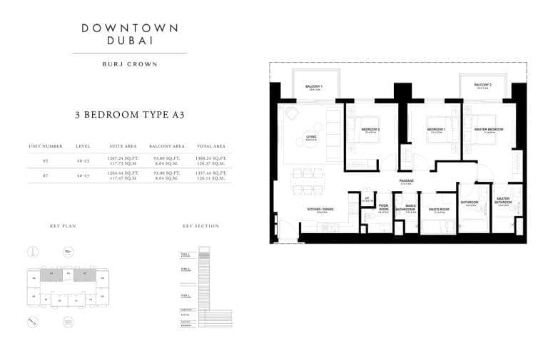 Burj Crown 3 Bedroom Type-A3 Unit-5 Floor Plans