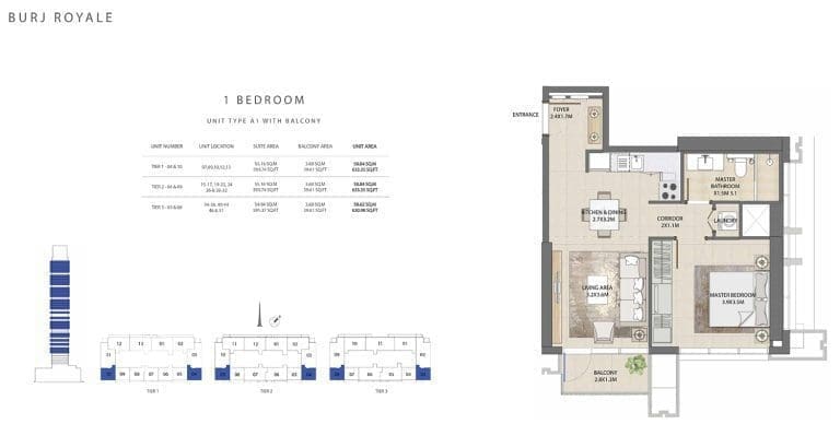 Burj Royale 1 Bedroom Apartment Type A1-1 Floor Plans
