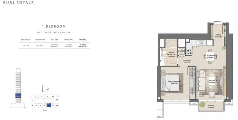 Burj Royale 1 Bedroom Apartment Type A2 Floor Plans