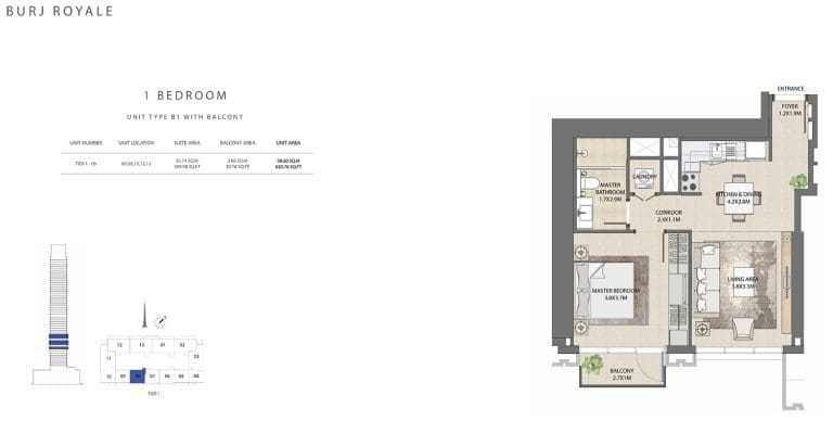 Burj Royale 1 Bedroom Apartment Type B1-1 Floor Plans