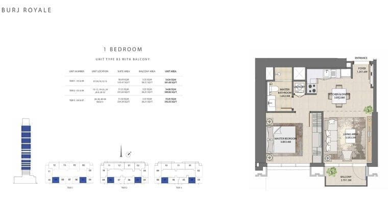 Burj Royale 1 Bedroom Apartment Type B3 Floor Plans