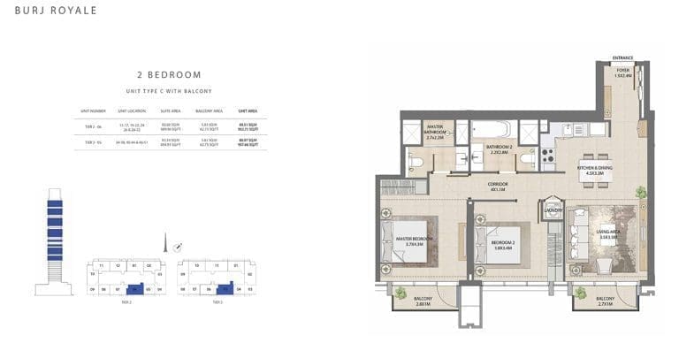Burj Royale 2 Bedroom Apartment Type C 1 Floor Plans