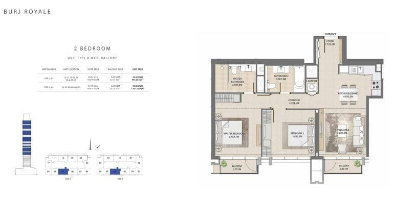Burj Royale 2 Bedroom Apartment Type D Floor Plans