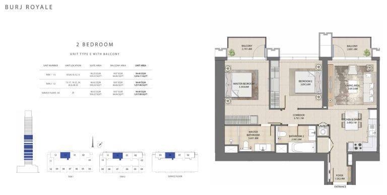 Burj Royale 2 Bedroom Apartment Type E Floor Plans