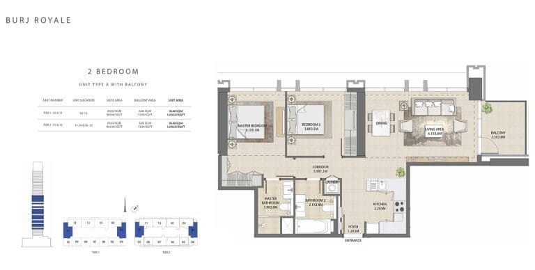 Burj Royale 2 Bedroom Apartment Type A Floor Plans